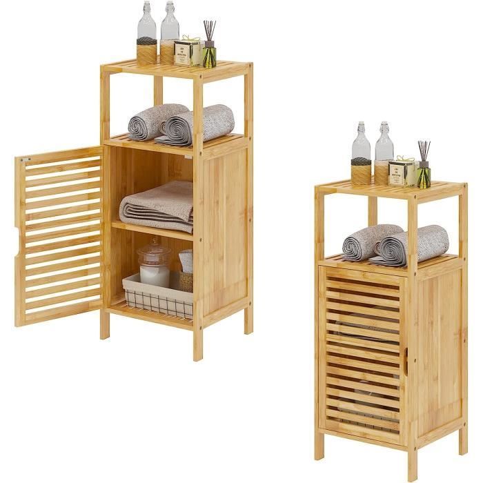 SogesHome Meuble de salle de bain  en bambou avec portes et rangement ouvert pour salle de bain, salon, cuisine, 36 x 32,5 x 85 cm