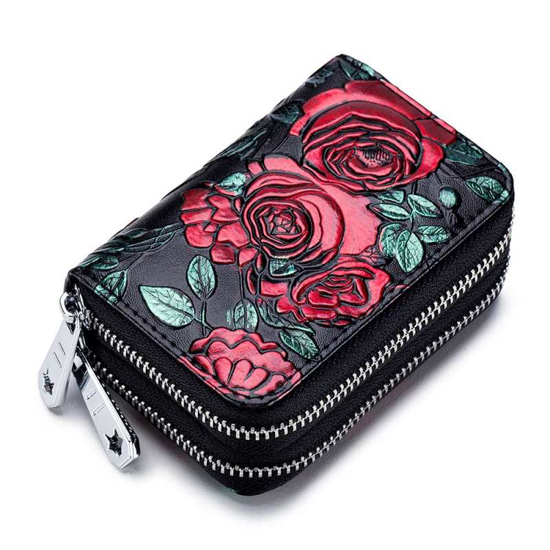 Porte-cartes femme en cuir fendu avec double fermeture éclair, grande capacité, imprimé floral 3D, portefeuille
