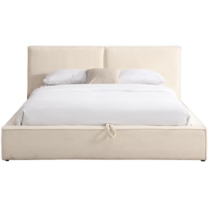 Arno 140x190 cm Bett für Erwachsene mit Stauraum, Lattenrost und beigefarbenem, mit Cord bezogenem Kopfteil