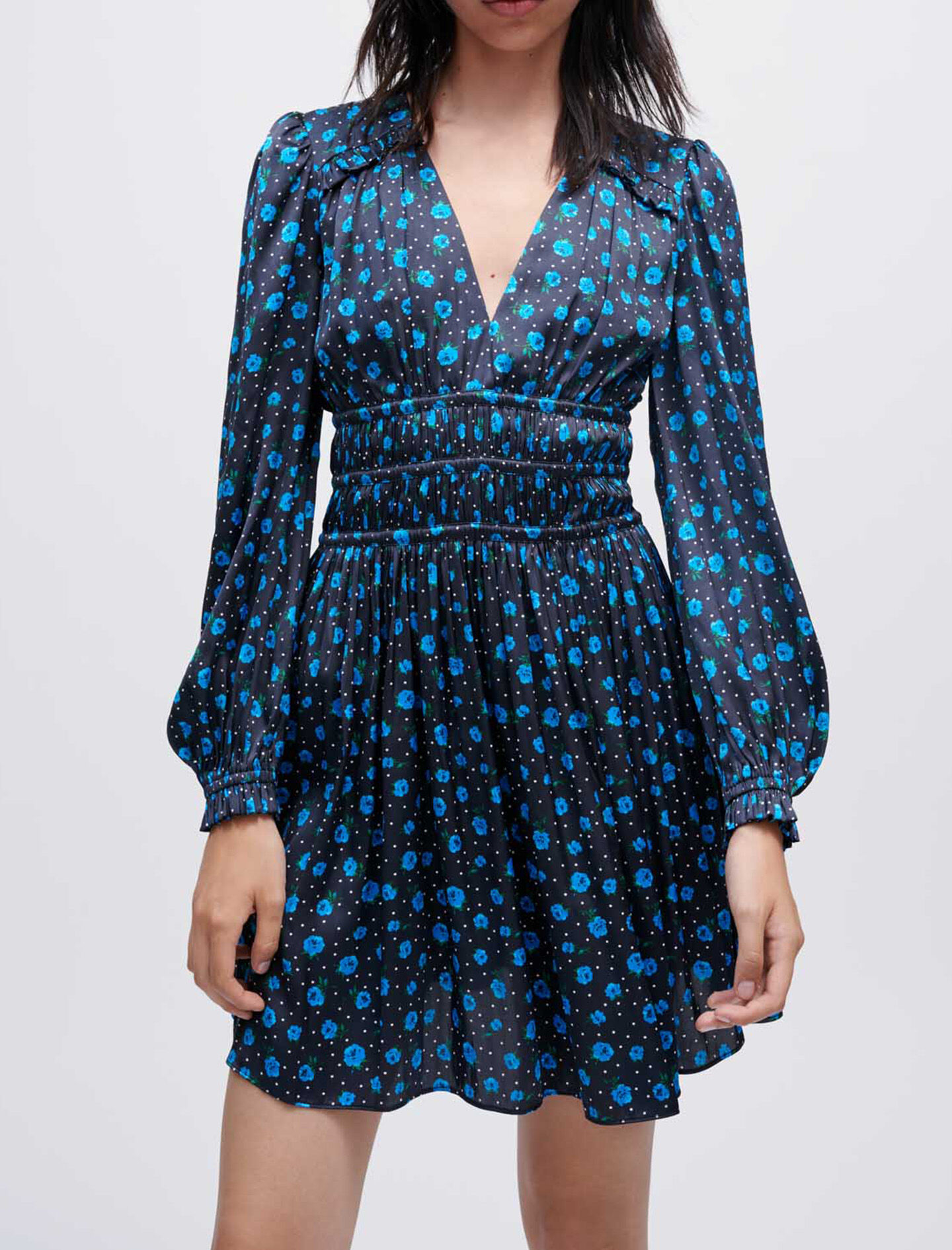Rochie din satin imprimat cu volane - Mini fleurs bleu