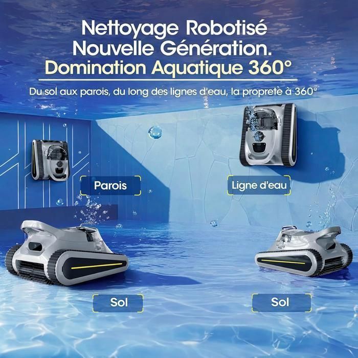 Robot Piscine Sans Fil Nettoyage du Fond,des Parois et de la Ligne d' Eau,180 Min&Convient Aux Piscines Jusqu'à 2150 Pieds Carrés
