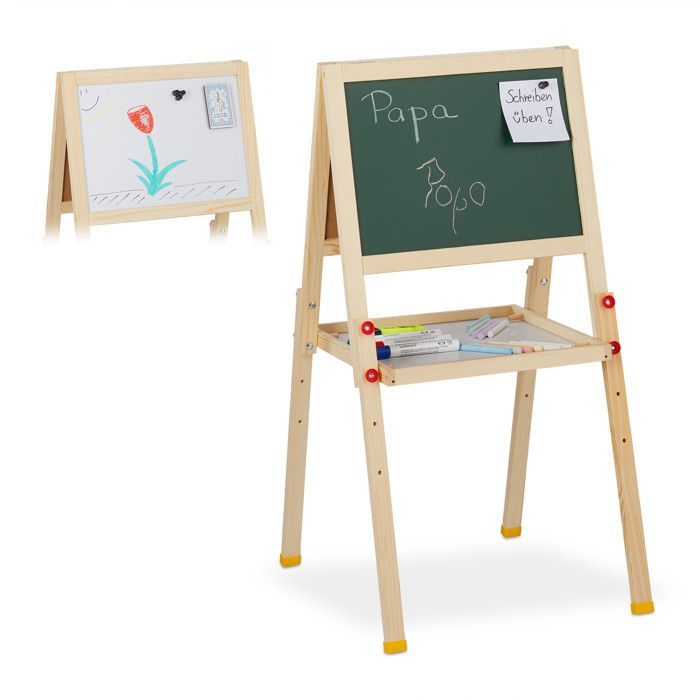 Relaxdays Kinderezel, Recht, Magnetisch aan Beide Zijden, Krijt en Marker, In Hoogte Verstelbaar, HxB 77x39x44,5 cm, Naturel