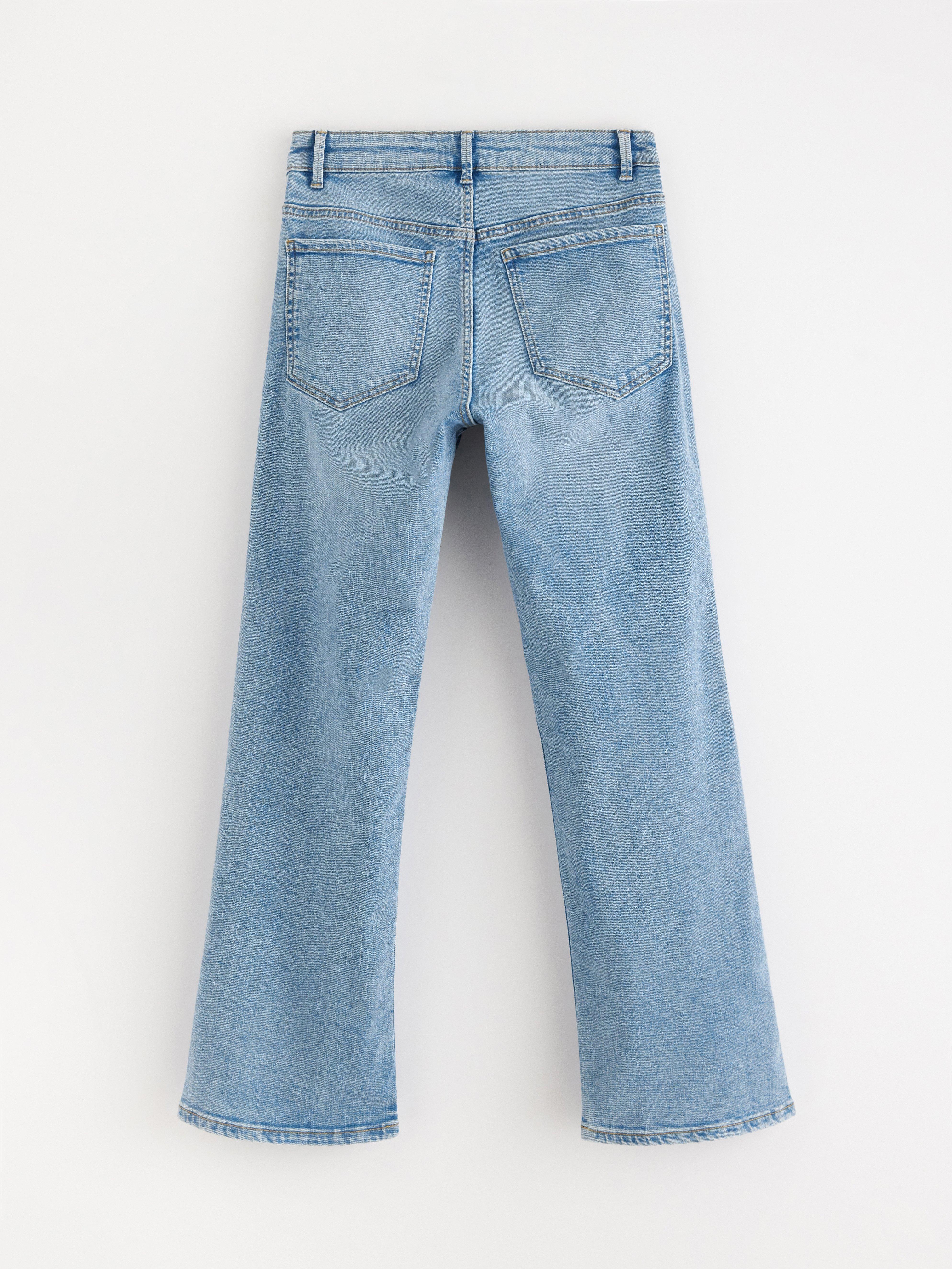 Džíny FLARE Karen s krátkým pasem, světlý denim