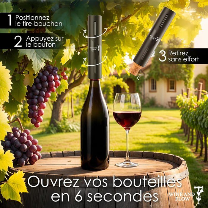Tire bouchon electrique à piles 4 en 1 Wine and Flow – Idee cadeau homme amateur de vin – Coffret cadeau Ouvre Bouteille Electrique