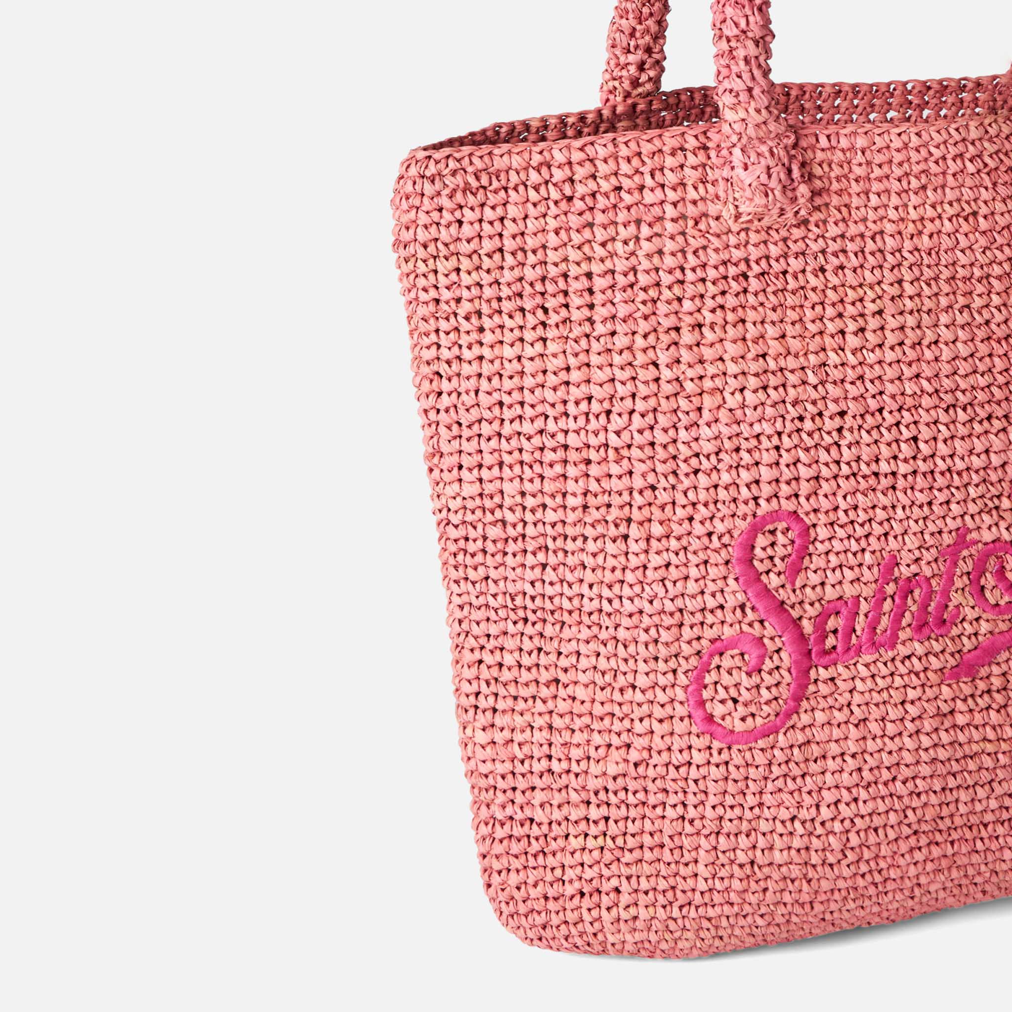 Rosa bucketväska i raffia med broderi