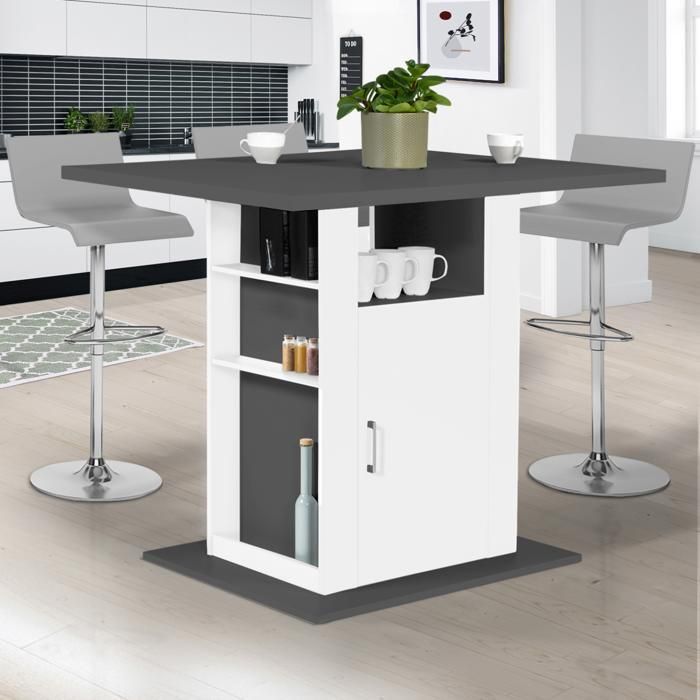 Isla central IDMARKET UGO de 110 cm con encimera de madera gris y blanca y espacio de almacenamiento.