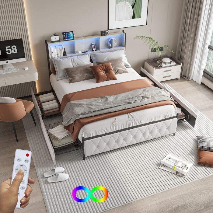 Cama de casal 180x200cm, cama king size com 4 gavetas, cabeceira com compartimento de armazenamento, LED, 2 tomadas.