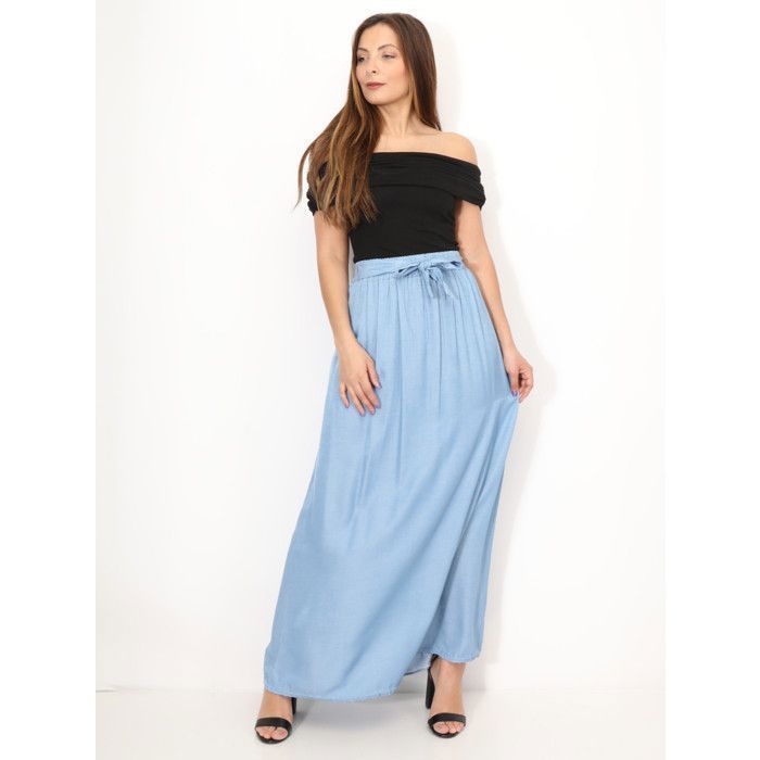 Jupe longue effet denim avec pans intégrés à nouer.Dotée d'un élastique à la taille et d'une fente à l'arrière. pour femme - Jupes