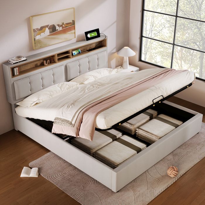 LINKHOO lit rembourré double, avec prise USB C Fonction de charge Tête de lit, avec sommier à lattes(sans matelas), 140x200, beige