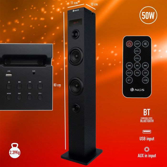 NGS SKY CHARM 50W Bluetooth-torenluidspreker met afstandsbediening, optische ingang, USB, FM-radio en AUX-ingang - Zwart