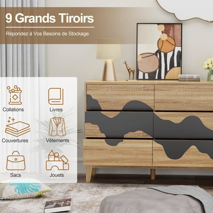 GOOBUY Commode à 9 Tiroirs 160cm, Armoire de Rangement, Grand Espace de Rangement, Motif Vague Irrégulière, 160x40x78,5cm, Naturel