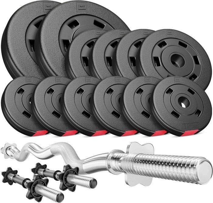 Hop-Sport 36kg Dumbbell Set, Long Bar SZ 120cm, Short Bars 45cm, Weight Plates 2x5kg, 4x2.5kg, 6x1.25kg