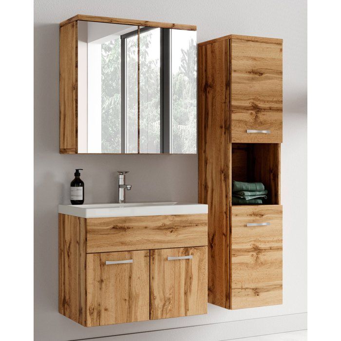 Conjunto de muebles de baño Montreal - Badplaats - Lavabo de roble de 60 cm - Armario con espejo y almacenamiento