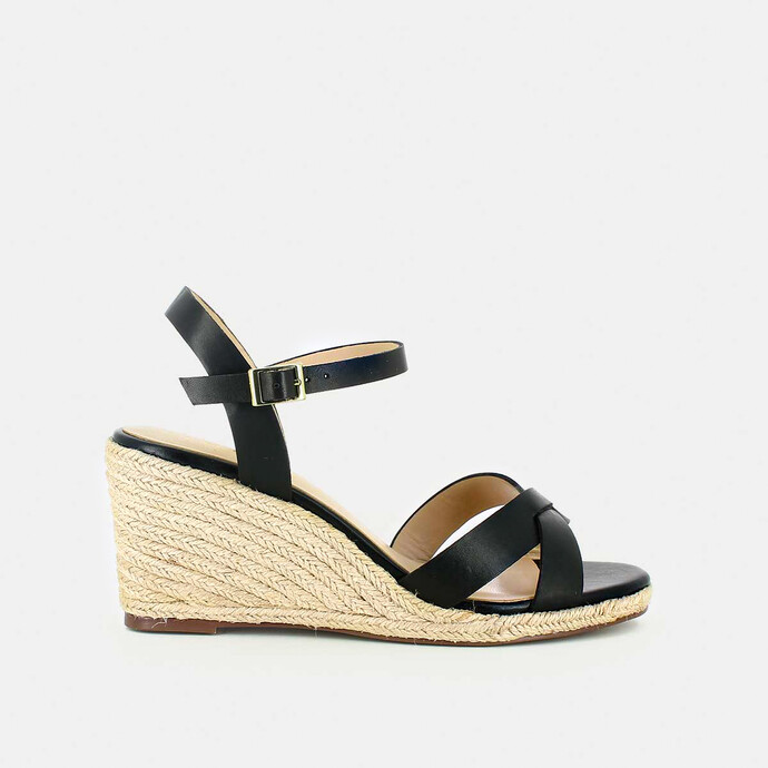 Sandales à talon compensé  en corde en cuir noir
