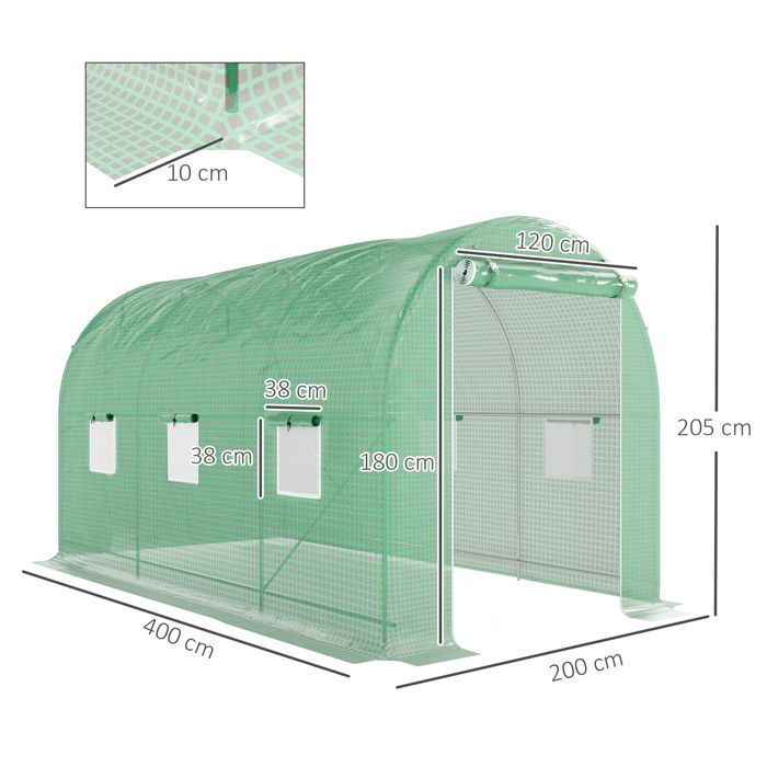 Serre de jardin tunnel - Outsunny - serre à tomates surface 8 m² châssis renforcé porte zippée - PE - 4x2x2,05m - vert