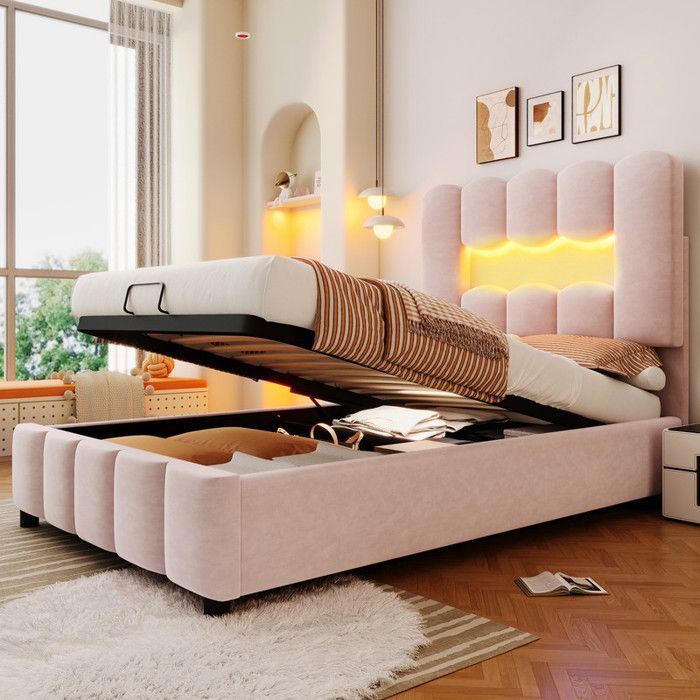 Gepolstertes Stauraumbett – MODERNLUXE – 90 x 200 cm – LED-Beleuchtung – verstellbares Kopfteil – rosa Samt