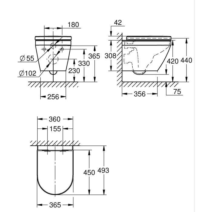 Set WC sospeso compatto - Scarico orizzontale - Senza brida - GROHE Euro Ceramic Triple Vortex (102 486 SH00)