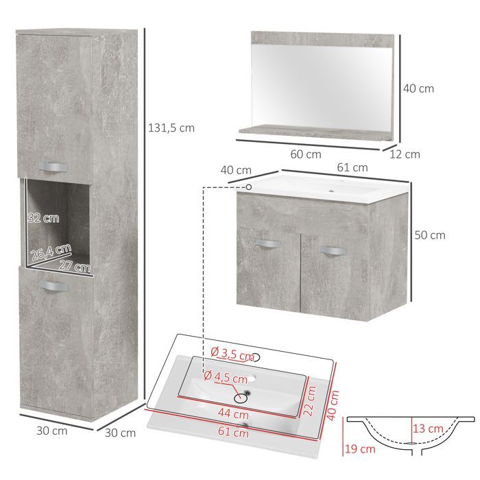 Ensemble de Meubles de Salle de Bain - kleankin - 4 Pièces - Mural - Miroir, Meuble sous Vasque, Lavabo et Armoire Haute - gris