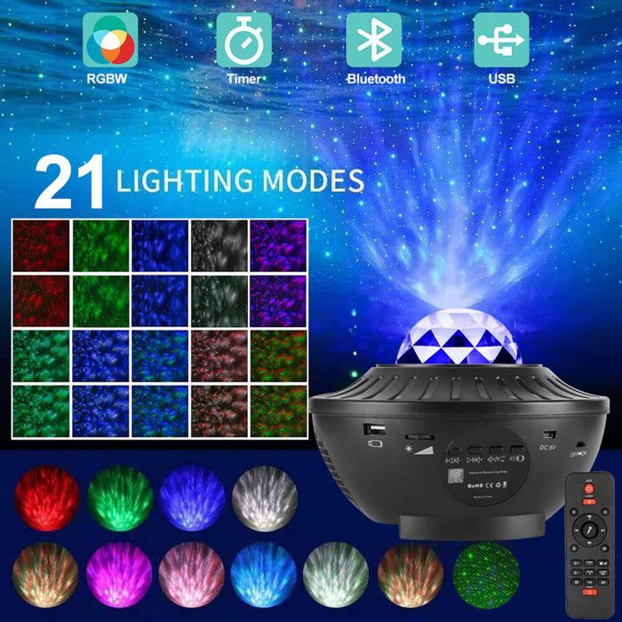 Projecteur Galaxy LED ciel étoilé - avec télécommande, 21 Modes de lumière - haut-parleur Bluetooth - pour enfant et adulte,