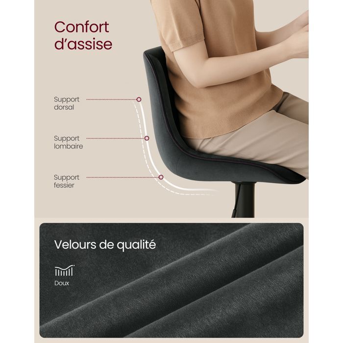 Tabourets de Bar Pivotants - Lot de 2 - Réglables - Velours Gris Anthracite - Base Métallique