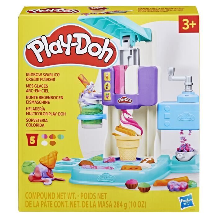 PlayDoh Mes Glaces Arc-en-Ciel, Pâte à modeler, Machine à Crème Glacée factice, 5 pots de 56 g  et accessoires, dès 3 ans