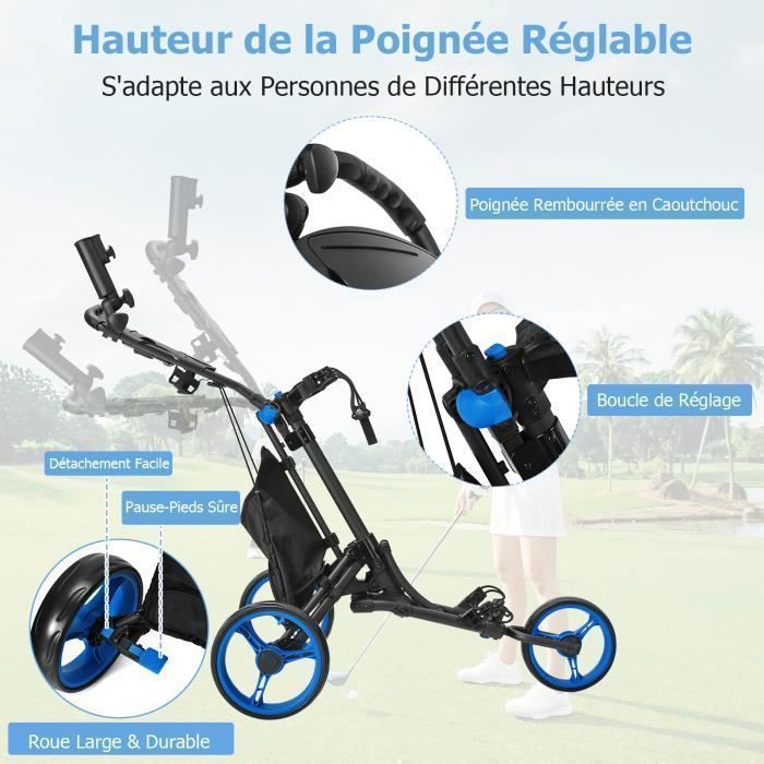 Carrito de golf plegable de 5 ruedas COSTWAY con correa elástica, soporte ajustable para paraguas y portavasos, bolsa con revestimiento de aluminio, color azul.