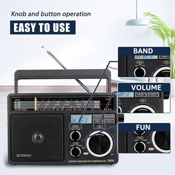 Retekess TR618 draagbare radio, werkt op batterijen en netstroom, FM AM SW transistor, MP3-speler met USB-, SD- en TF-kaartsleuven, hoofdtelefoonaansluiting (grijs)