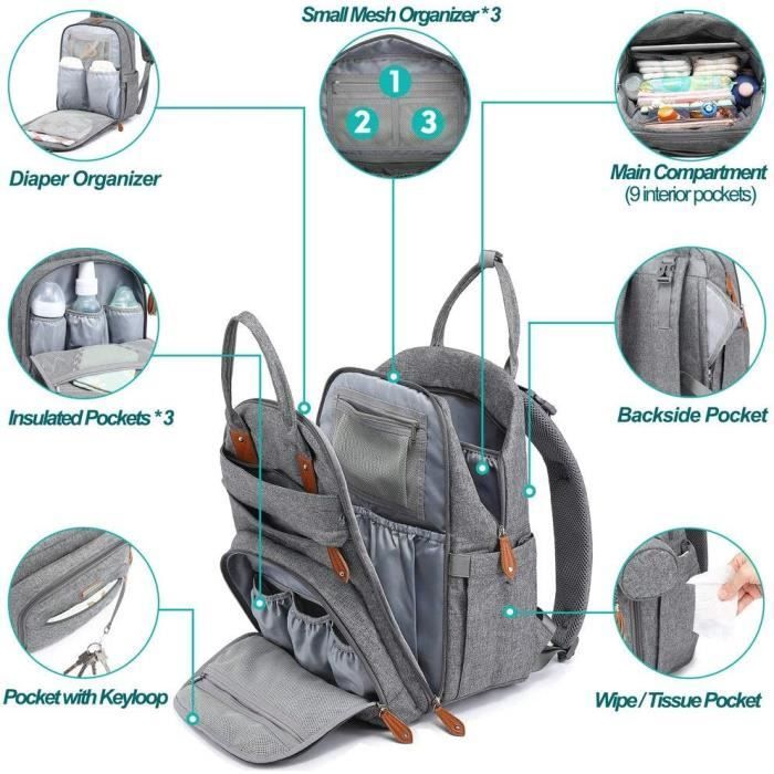 Mochila cambiador BabbleRoo - Gran capacidad - Impermeable - Gris - 0 meses - Recién nacido