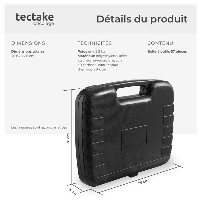 MALLETTE A OUTIL - TECTAKE - Caisse à outils 57 pièces LUIGI avec Poignée de transport - Noir