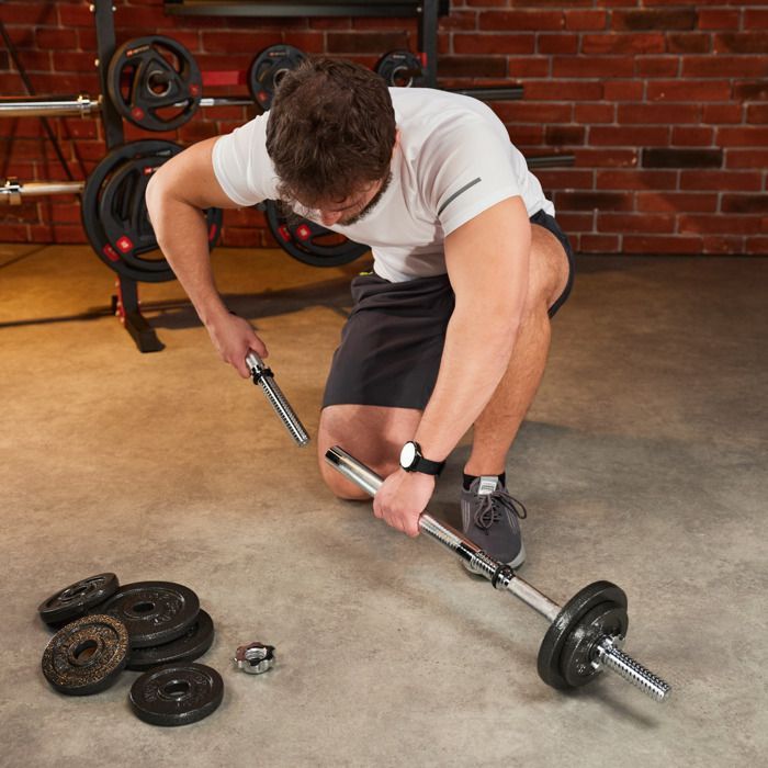 Hop-Sport 2-in-1 Modular Cast Iron Dumbbell Set, 2 Short Dumbbells, 1 Long Barbell, Adjustable 30mm Steel Bar, 2 x 10kg