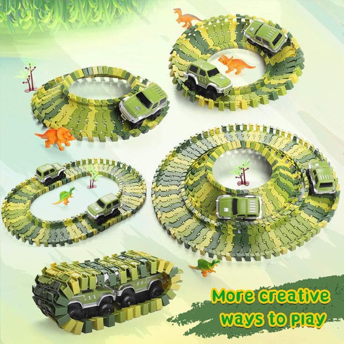 Coche eléctrico de dinosaurio - Set de pista de 240+29 piezas con túnel, puente y mini coches - Juguete modular de dinosaurio para armar