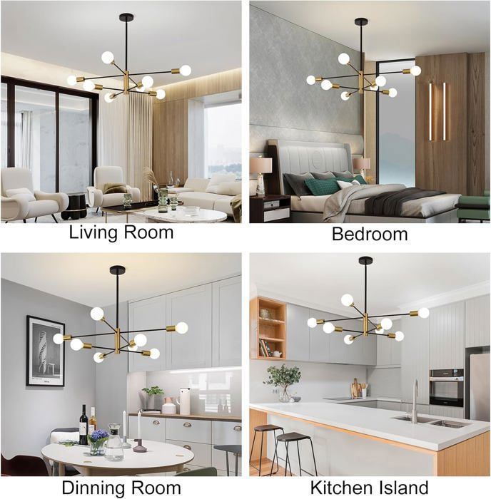 GANEED 8-Light Adjustable Industrial Pendant Light - Black+Gold - E27 - Metal - 85cm (H) * 54cm (W) (E27 bulb not included)