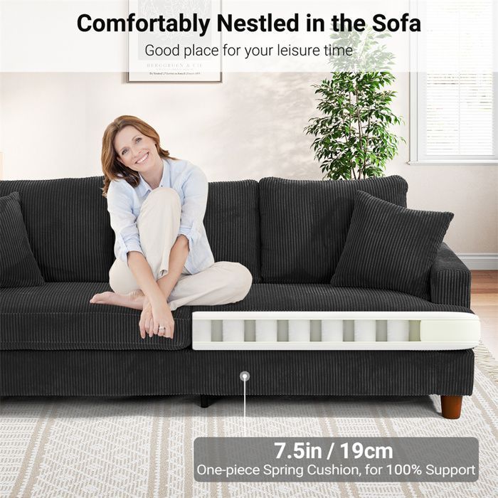 Sofá grande de 3 plazas en pana negra, estilo escandinavo, con 3 cojines y 2 almohadas para salón, 220 × 76 × 84 cm.