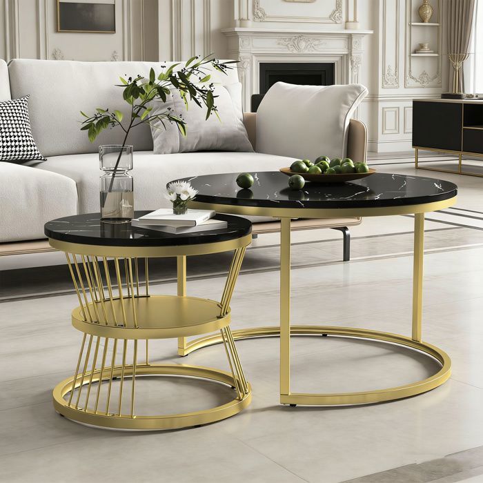Set di 2 tavolini impilabili, piano in marmo e gambe in metallo – P70/45 x H45/40 cm – nero