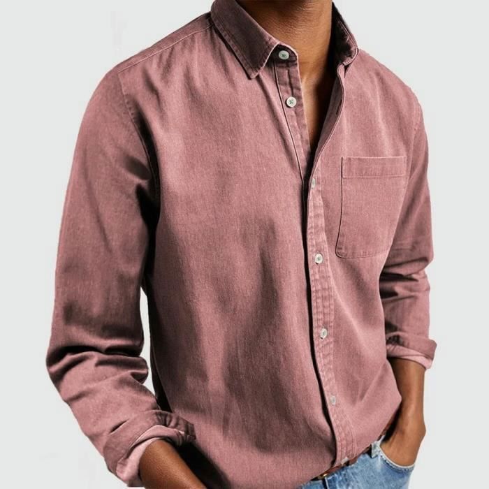Men's Long Sleeve Regular Fit Shirt with Pocket, Casual Plus Size Shirt, Solid Color - EU Size - Pink