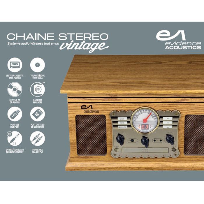 Evidence Acoustics EA-PL300-WOOD - Vintage Hi‑Fi system 3 speeds (33/45/78) CD, cassette, Bluetooth, USB/SD, FM, 60W