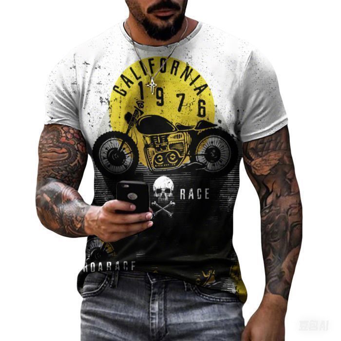 T-shirt da uomo, t-shirt da motociclista stampata, t-shirt casual girocollo - Gialla