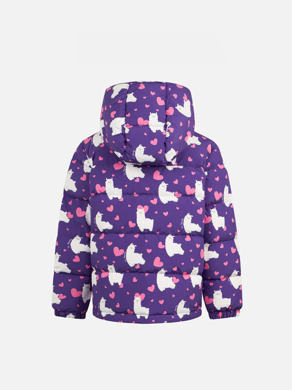 Gewatteerde donsjas voor meisjes met capuchon en print van alpaca en hartjes.