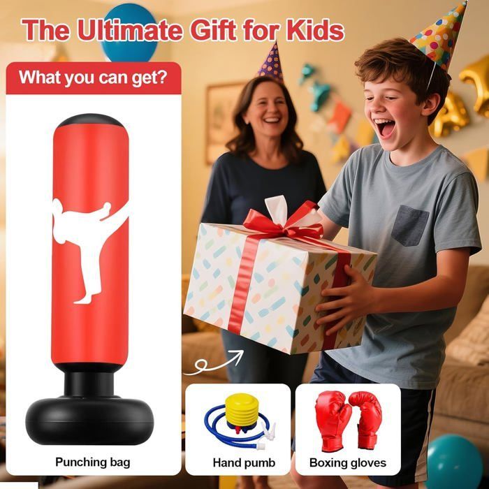 Saco de boxeo infantil de 160 cm con guantes y bomba, pelota de boxeo inflable para niños para taekwondo y karate, set de boxeo, color rojo.
