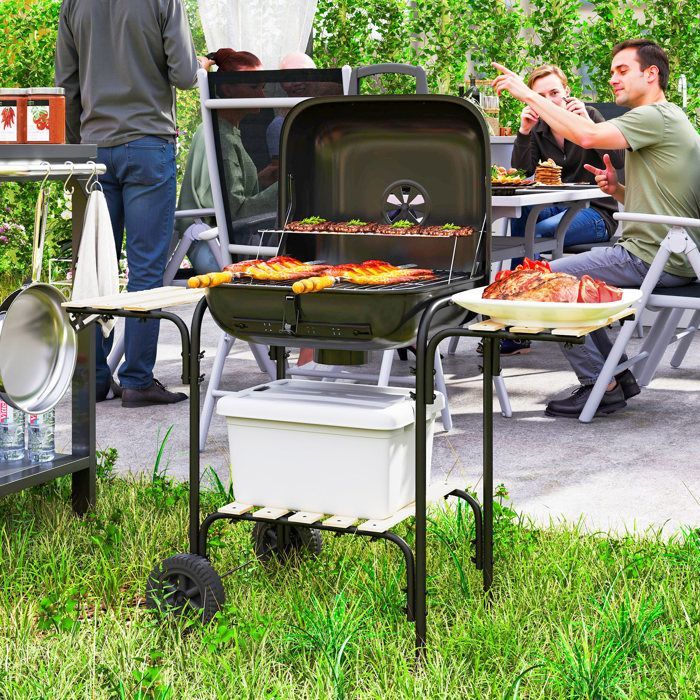 Outsunny charcoal barbecue - 1840 cm² cooking surface - with grill, lid, shelves and wheels - black