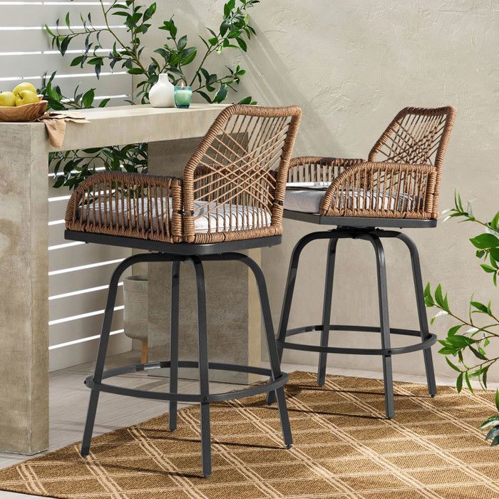 Avestar Set of 2 Swivel Outdoor Bar Stools – Beige Woven Rattan – High Back & Footrest – Patio, Garden, Balcony