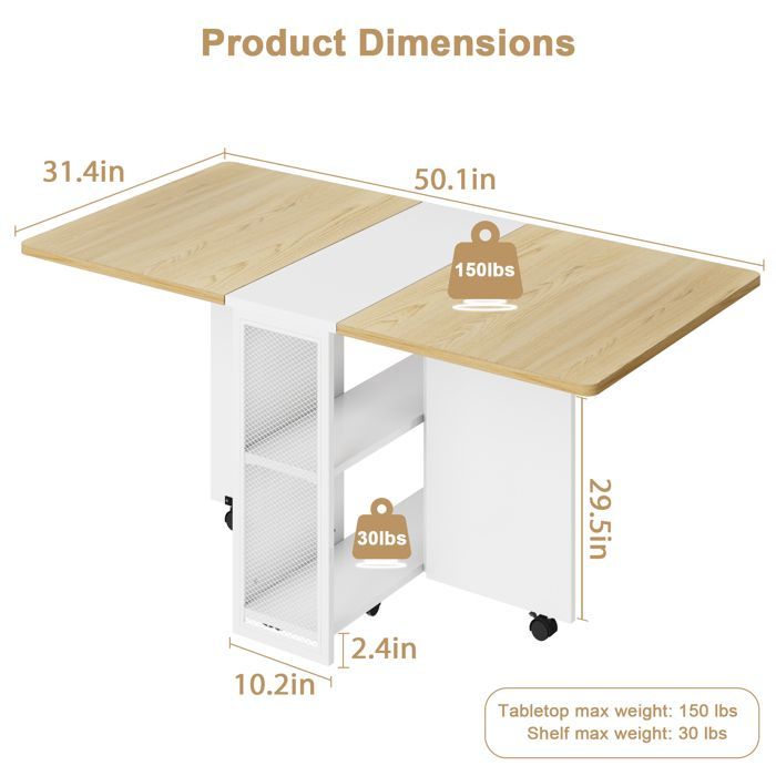 Table à Manger- Table à Manger Pliante Cuisine - Avec roulettes + Compartiment de Rangement-120 X 80X 75cm