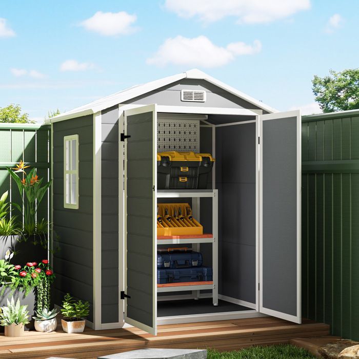Caseta de jardín Outsunny - 2,12 m² Caseta de resina PP con 2 puertas y ventanas de ventilación - PP - gris