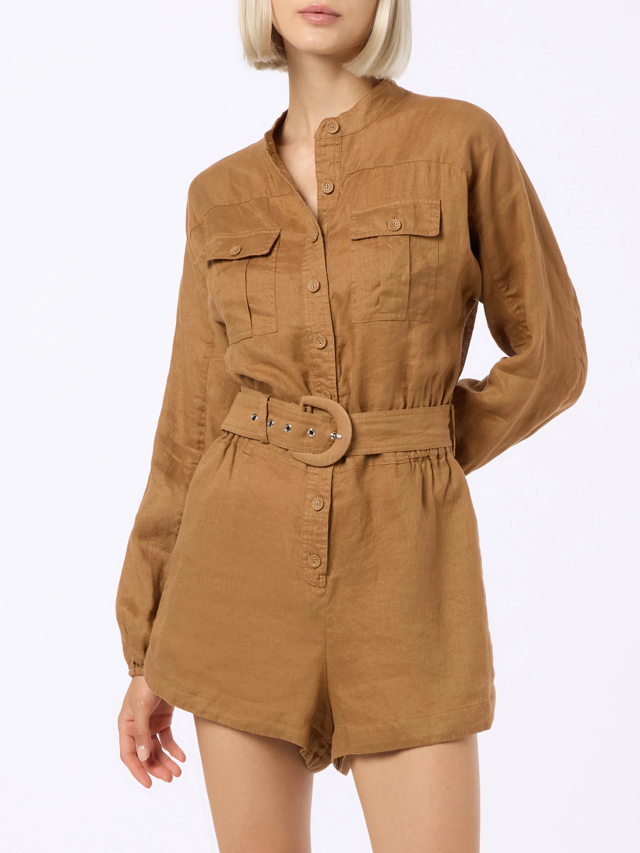 Hanniel damesjumpsuit van camelkleurig linnen