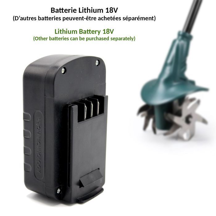 FISHTEC 18V cordless tiller with 4 tines (20cm x 8cm) and lithium battery included, for vegetable garden maintenance.