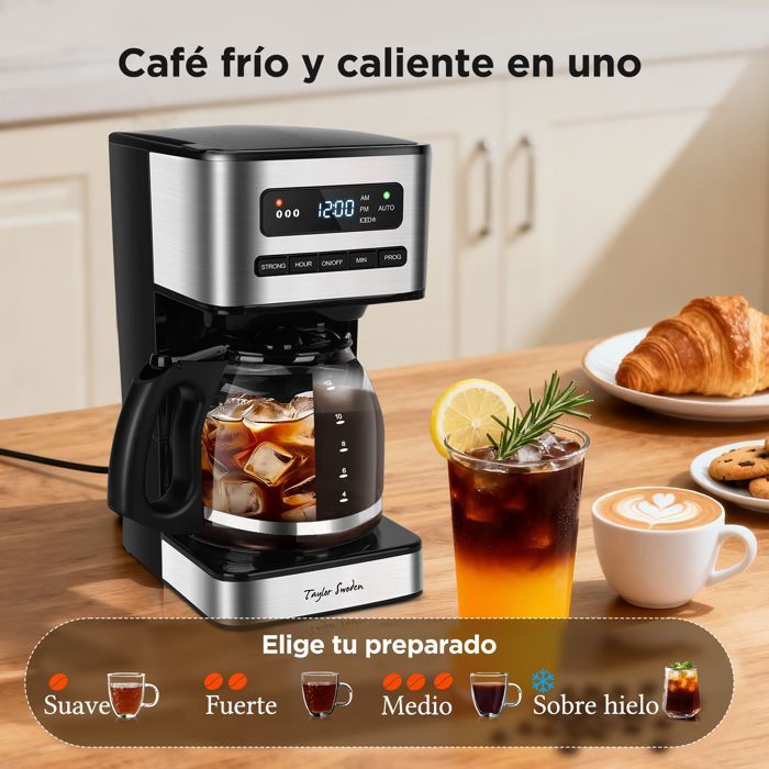 Cafeteira de filtro Taylor Swoden 1,8L (12-15 xícaras) - Programável 24 horas, 3 níveis de intensidade + café gelado, função manter aquecido