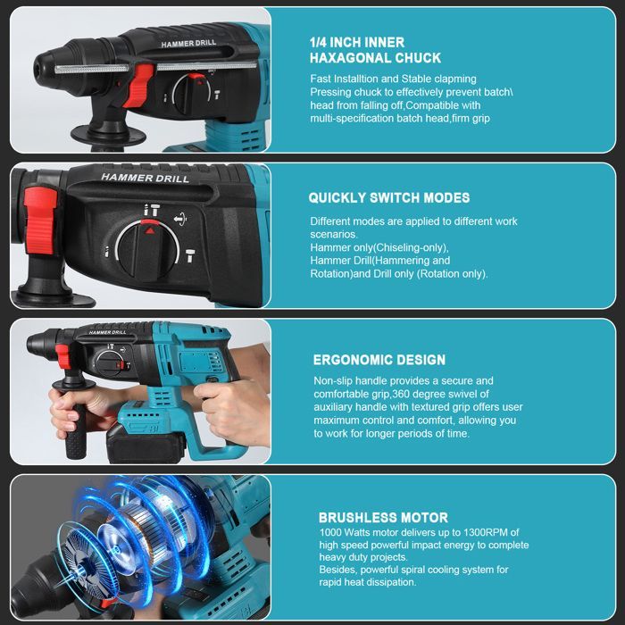 Furadeira de impacto rotativa elétrica sem fio de 1680 W com motor sem escova, SDS Plus, furadeira de impacto com 4 funções, 4800 IPM, 6500 RPM