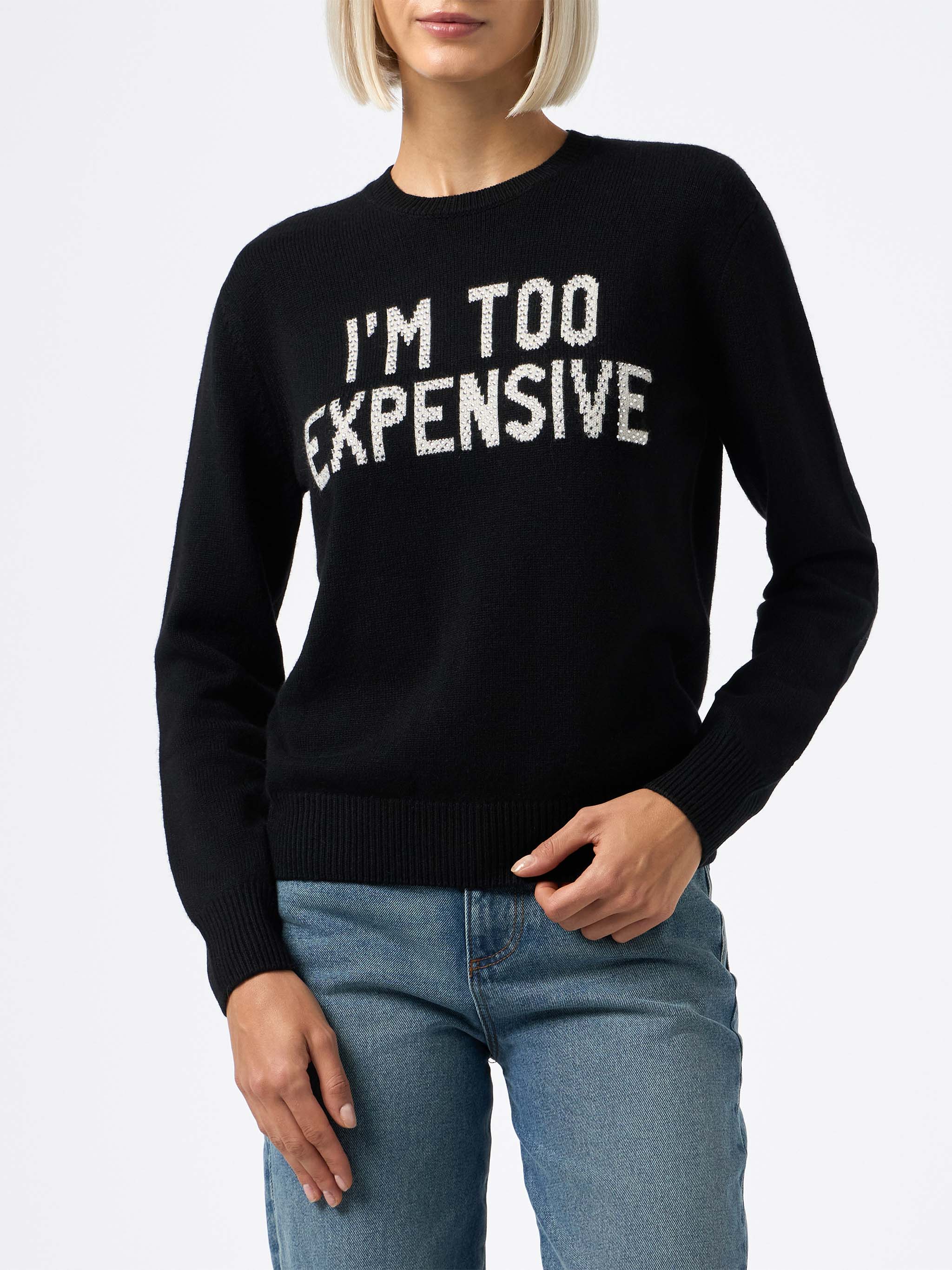 Suéter negro con estampado de diamantes de imitación para mujer de New Queen. Soy demasiado caro.