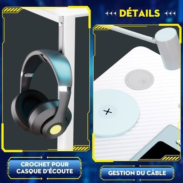 Bureau Gaming en Forme de L Blanc - Étagères Rangement - Port de Charge USB - Prise de Courant