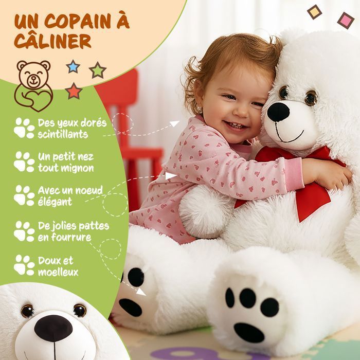 Ours En Peluche Très Douce MONZANA® Avec Noeud Papillon - Nounours 50cm Blanc - Doudou Ourson Mignon